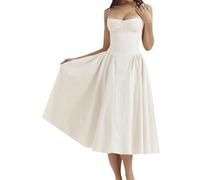 OMZIN Women's Party High Waisted Backless Square Neck Dresses Sleeveless Solid Color A Line Dress with Pocket Beige S