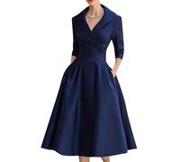 OMZIN Women's Semi Formal Midi 3/4 Sleeve Cocktail Dresses Flared A-line Casual Dress with Pockets for Church Work Navy Blue XXL