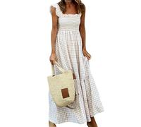 OMZIN Women's Sleeveless Strap Retro Plaid A-Line Smocked Maxi Long Dress with Ruffled Hem Beige XL