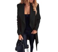 OMZIN Women's Solid Color Belted Wool Blend Wrap Lapel Trench Coat Long Draped Open Front Jacket BLK M