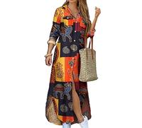 OMZIN Women's Solid Color Rolled Up Sleeve Shirts Dress Buttons Down Side Split Boyfriend Style Maxi Dresses Yellow L