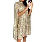 OMZIN Women's Sparkly Cloak Sleeve Dress Mock Neck Cocktail Mini Flowy Party Glitter Loose Dress