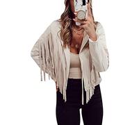 OMZIN Women's Suede Leather Jacket Ladies Long Sleeve Fringe Casual Temperament Leather Jacket Beige L