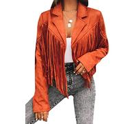 OMZIN Women's Temperament Fringe Trim Long Sleeve Leather Jacket Deer Velvet Autumn Jacket Tops Orange S