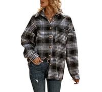 OMZIN Women's Vintage Plaid Wool Blend Shirt Jacket Casual Long Sleeve Flannel Shacket Jackets Blk Gird XL
