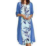 OMZIN Women's Wedding Guest 2 Piece Set Chiffon Short Sleeve Jacket and Maxi Floral Dress Sleeveless Tank Dress Set Blue 4XL