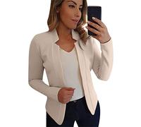 OMZIN Women's Work Office Cropped Jacket Notched Lapel Long Sleeve Open Front Short Blazer Beige S
