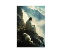 On A Mountaintop, Jesus Gazes Into The Clouds While The Lamb Curls at His Feet And Wolves Vanish Into Mist. Contemporary Wall Mural - Decorative Hanging Poster Art 24x36inch(60x90cm)