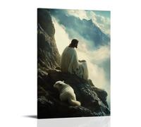 On A Mountaintop, Jesus Gazes Into The Clouds While The Lamb Curls at His Feet And Wolves Vanish Into Mist. Contemporary Wall Mural - Decorative Hanging Poster Art 20x30inch(50x75cm)