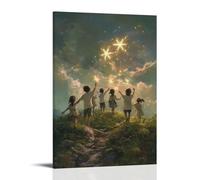 On A Peaceful Hill, Children Draw Radiant Crosses Into The Air with Their Hands, As Angels Gather to Witness in Awe. Contemporary Wall Mural - Decorative Hanging Poster Art 16x24inch(40x60cm)