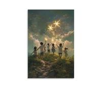 On A Peaceful Hill, Children Draw Radiant Crosses Into The Air with Their Hands, As Angels Gather to Witness in Awe. Contemporary Wall Mural - Decorative Hanging Poster Art 20x30inch(50x75cm)