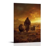 On A Windswept Plain, Jesus Leads A Lion And A Lamb Side by Side, The Sky Burning Gently Overhead. Contemporary Wall Mural - Decorative Hanging Poster Art 16x24inch(40x60cm)