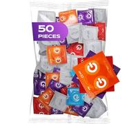 ON Condom Mix I Pack of 50 I Premium Condoms 7 Types and Sizes with 54 mm Width I 10x Extra Thin, Natural and Textured I 5X Extra Strong, with Strawberry, Banana and Chocolate Scent.