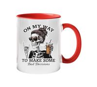 On My Way to Make Some Bad Decisions Colored Handle Mug with Roses and Feathers Gothic Coffee Tea Cup Unique Skull Design Gift for Friends Him or Her Cool Ceramic Mug Home Decor - Red