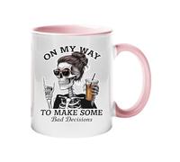 On My Way to Make Some Bad Decisions Colored Handle Mug with Roses and Feathers Gothic Coffee Tea Cup Unique Skull Design Gift for Friends Him or Her Cool Ceramic Mug Home Decor - Light Pink
