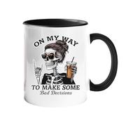 On My Way to Make Some Bad Decisions Colored Handle Mug with Roses and Feathers Gothic Coffee Tea Cup Unique Skull Design Gift for Friends Him or Her Cool Ceramic Mug Home Decor -- Black