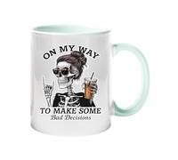 On My Way to Make Some Bad Decisions Colored Handle Mug with Roses and Feathers Gothic Coffee Tea Cup Unique Skull Design Gift for Friends Him or Her Cool Ceramic Mug Home Decor - Lime