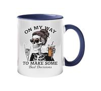On My Way to Make Some Bad Decisions Colored Handle Mug with Roses and Feathers Gothic Coffee Tea Cup Unique Skull Design Gift for Friends Him or Her Cool Ceramic Mug Home Decor - Dark Blue