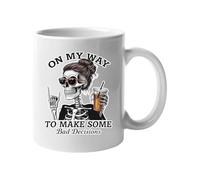 On My Way to Make Some Bad Decisions Skeleton White Coffee Mug Funny Iced Coffee Lover Skull Cup Humorous Gothic Drinkware with Sunglasses Novelty Gift for Friends and Coworkers White Mug