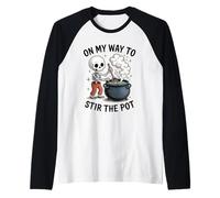 On My Way to Stir The Pot Skeleton Cauldron Humorous Raglan Baseball Tee