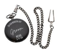 On Our Wedding Design Personalised with Role, Name and Date Matt Black Finish Roman Numerals Quartz Action Pocket Watch in Gift Box