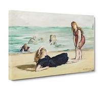 On The Beach By Edouard Manet Canvas Print | Gallery Wrapped 30mm Frame Wall Art | 30x20 inches | Ready to Hang | Coastal Seascape Picture | Living Room Bedroom Lounge Office