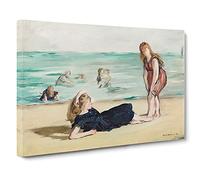 On The Beach By Edouard Manet Canvas Print | Gallery Wrapped 30mm Frame Wall Art | 30x20 inches | Ready to Hang | Coastal Seascape Picture | Living Room Bedroom Lounge Office