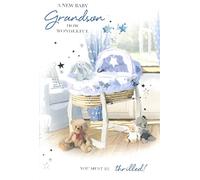 On the Birth of Your Grandson Card - New Baby Grandson - Congratulations - Moses Basket Teddy Bears Silver Foil