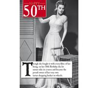 On The Ceiling, 50th Birthday Card For Her, Funny Shopping Basket on Wheels, Greetings Card, Black & White, 159x235mm
