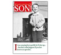 On the Ceiling Christmas Card for Son, Funny Xmas Card Happy Christmas Son It Was Amazing How Quickly He'd Shot Up…., Black, White & Red, 23.5 x 15.9 cms
