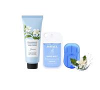 On-the-Go Portable Hygiene & Personal Care Kit, All in one Travel Essentials with Hand Sanitizer, Hand Cream, Paper Soap, Wet Wipes, Disposable masks, Perfect as a Gift (Jasmine hand care set 3pcs)