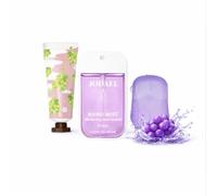 On-the-Go Portable Hygiene & Personal Care Kit, All in one Travel Essentials with Hand Sanitizer, Hand Cream, Paper Soap, Wet Wipes, Disposable mask Perfect as a gift (Grape hand care set 3pcs)