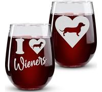 On The Rox Drinks Dachshund Gifts for Dog Lovers - I Love Wieners Stemless Dog Wine Glass Set of 2- Funny Cup, Tumbler, Stuff for Pet-Loving Mom, Grandma - Weenie Dog Gifts For Women