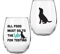 On The Rox Drinks Labrador Gifts for Labrador Lovers- All Food Must Go To The Lab For Testing 15 oz Stemless Wine Glass Set of 2 - Chocolate Lab Wine Glass - Dog Face, Black Labrador Gifts