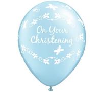 On Your Christening Butterflies Qualatex Pearl Light Blue 11 Inch Latex Balloons x 10