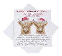 On Your First Christmas as Mr and Mrs Card, Sending Christmas Wishes Card for Newly Wed Married Couple with Poem, First after Wedding, Highland Cows