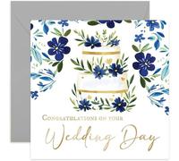 On Your Wedding Day Floral Cake Card - Classy Wedding Card for Couple - Gifts for Mr and Mrs - Special Congratulations Greeting Card for Newly Weds - Blue Green and Gold
