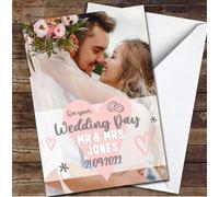 On Your Wedding Day Photo Typographic Heart Banner Date Personalised Card - Personalised Wedding Day Card, Congratulations On Wedding Day Card For Bride & Groom