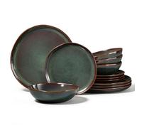 Onader 12 Piece Dinner Set, Reactive Glaze Porcelain Dinner Sets for 4 People, Irregular Round Stoneware Dinnerware Service for 4, Include Plates and Bowls, Dishwasher & Microwave Safe, Moss Green