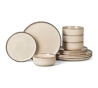 Onader 12 Piece Dinner Set, Reactive Glaze Stoneware Dinnerware for 4 People, Elegant Plates and Bowls Sets for Kitchen Christmas Camping, Scratch Resistant, Microwave & Dishwasher Safe - Latte Khaki