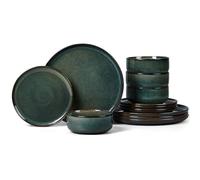 Onader 12 Piece Dinner Set, Reactive Glaze Stoneware Dinnerware for 4 People, Elegant Plates and Bowls Sets for Kitchen Christmas, Scratch Resistant, Microwave & Dishwasher Safe - Forest Green