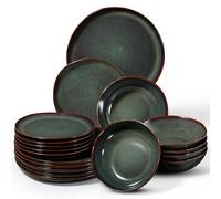 Onader 18 Piece Dinner Set, Reactive Glaze Porcelain Dinner Sets for 6 People, Irregular Round Stoneware Dinnerware Service for 6, Include Plates and Bowls, Dishwasher & Microwave Safe, Moss Green