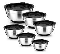 Onader Mixing Bowl Set of 6, Stainless Steel Nesting Salad Bowl with Airtight Lids & Non-Slip Silicone Base, Metal Serving Bowl for Baking/Cooking/Food Prep, Size 0.7/1.2/1.6/2.5/2.8/4.6QT - Black