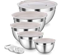 Onader Mixing Bowls, Set of 5, Stainless Steel Salad Bowl Sets with Airtight Lid and 3 Grater Attachments, Stackable and Dishwasher Safe, Size 4.5 L/3 L/1.5 L/1.2 L/0.7 L, Khaki