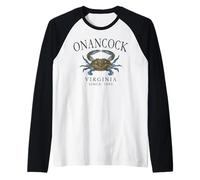 Onancock Virginia Blue Crab Since 1680 Arched Slate Letters Raglan Baseball Tee