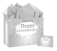 ONANNA Anniversary Themed Gift Bag with Tissue Paper and Greeting Card Wedding Anniversary Wrpping Gifts Bag for Men Women Boyfriend Husband, Silver Romantic Milestone Party Supplies