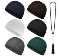 ONART HOME - Kufi Hats for Men Stretchable and Breathable Crochet Taqiyah Soft Islamic Prayer Cap Comfortable Skull Beanie for Large Head Sizes 6 Pack with 99 Beads Tasbih Multi, Multi