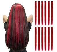 Onas. Hair Extensions 12 Pieces Red Color Straight Multicolor Rainbow Hair Extensions 20 Inch Kids Gifts for Women Halloween Christmas Party Highlighted