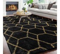 ONASAR 6x9 Area Rugs for Living Room Bedroom, Washable Large Fluffy Black and Gold Throw Rug, Geometric Soft Plush Shaggy Fuzzy Floor Carpet for Nursery Kids Girls Boys Teen Dorm Home Office Decor
