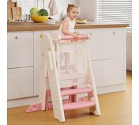 Onasti Toddler Learning Tower, Foldable Toddler Tower with Safety Bar, 3 Step Adjustable Height, Kitchen Step Stool for Kids with Handles, Non-slip, for Kitchen Counter Bathroom Sink (Pink White)
